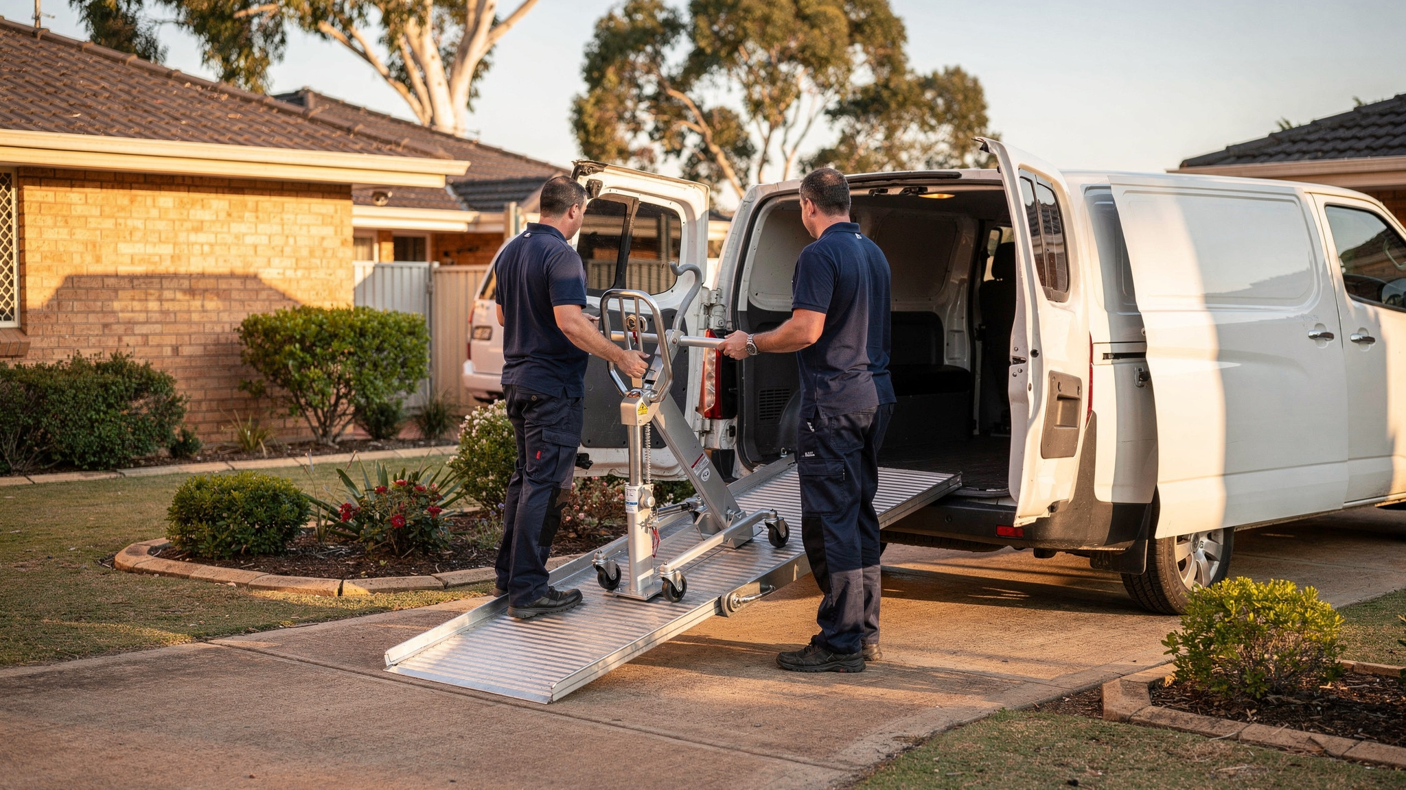 A two-person delivery crew in navy uniforms wheels a patient lifting hoist down an aluminium ramp from a white van outside a brick home.