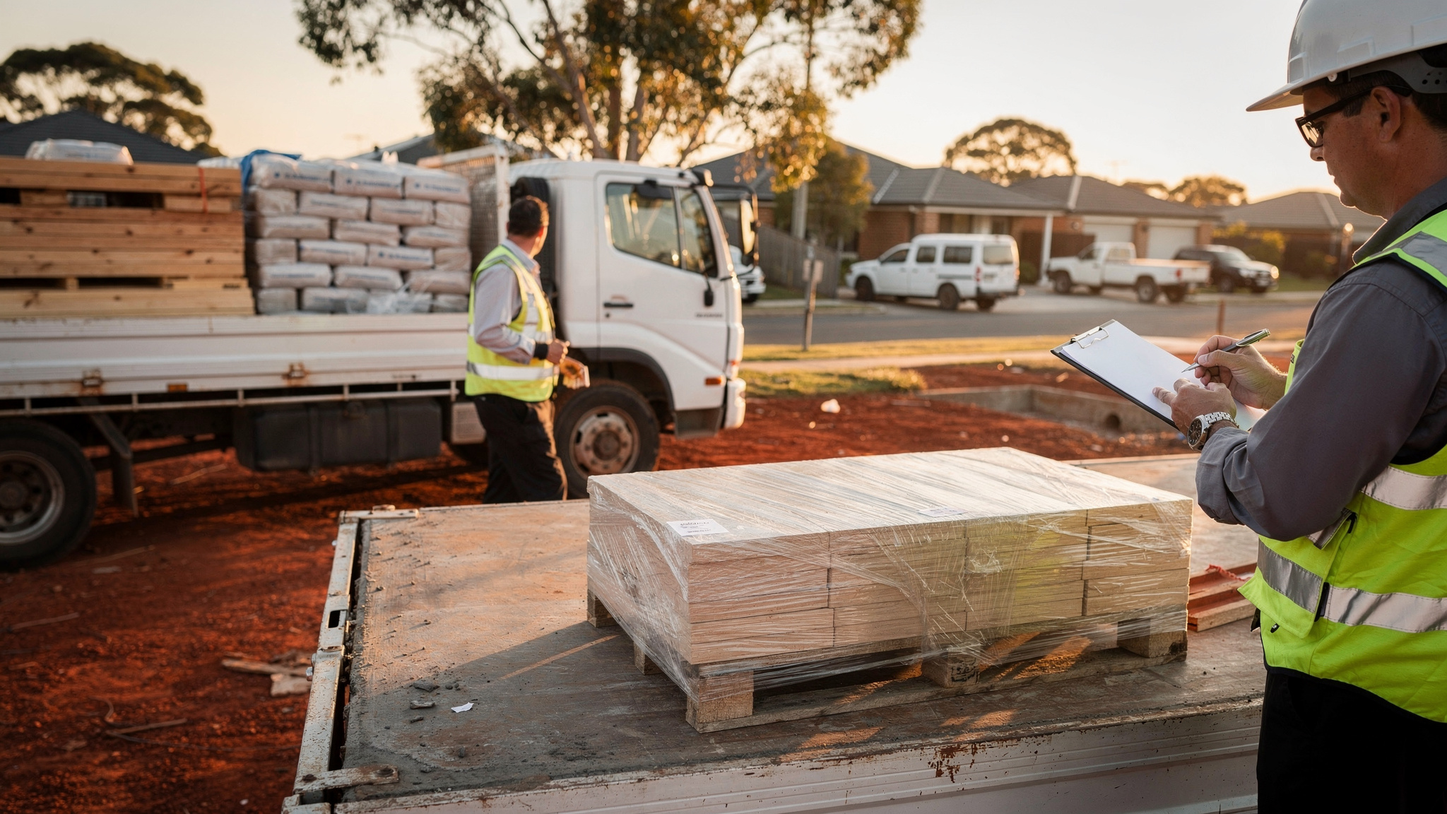 A site supervisor in a hard hat and hi-vis vest checks a clipboard beside a wrapped timber pallet as a delivery driver walks past a loaded flatbed truck.