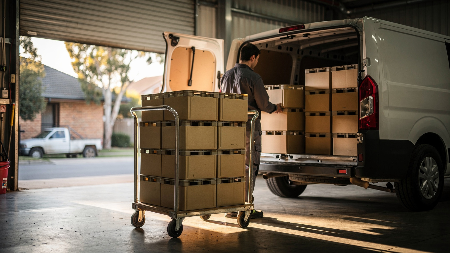 A worker loads cardboard crates into the open rear doors of a white delivery van inside a depot, with more crates stacked on a trolley.
