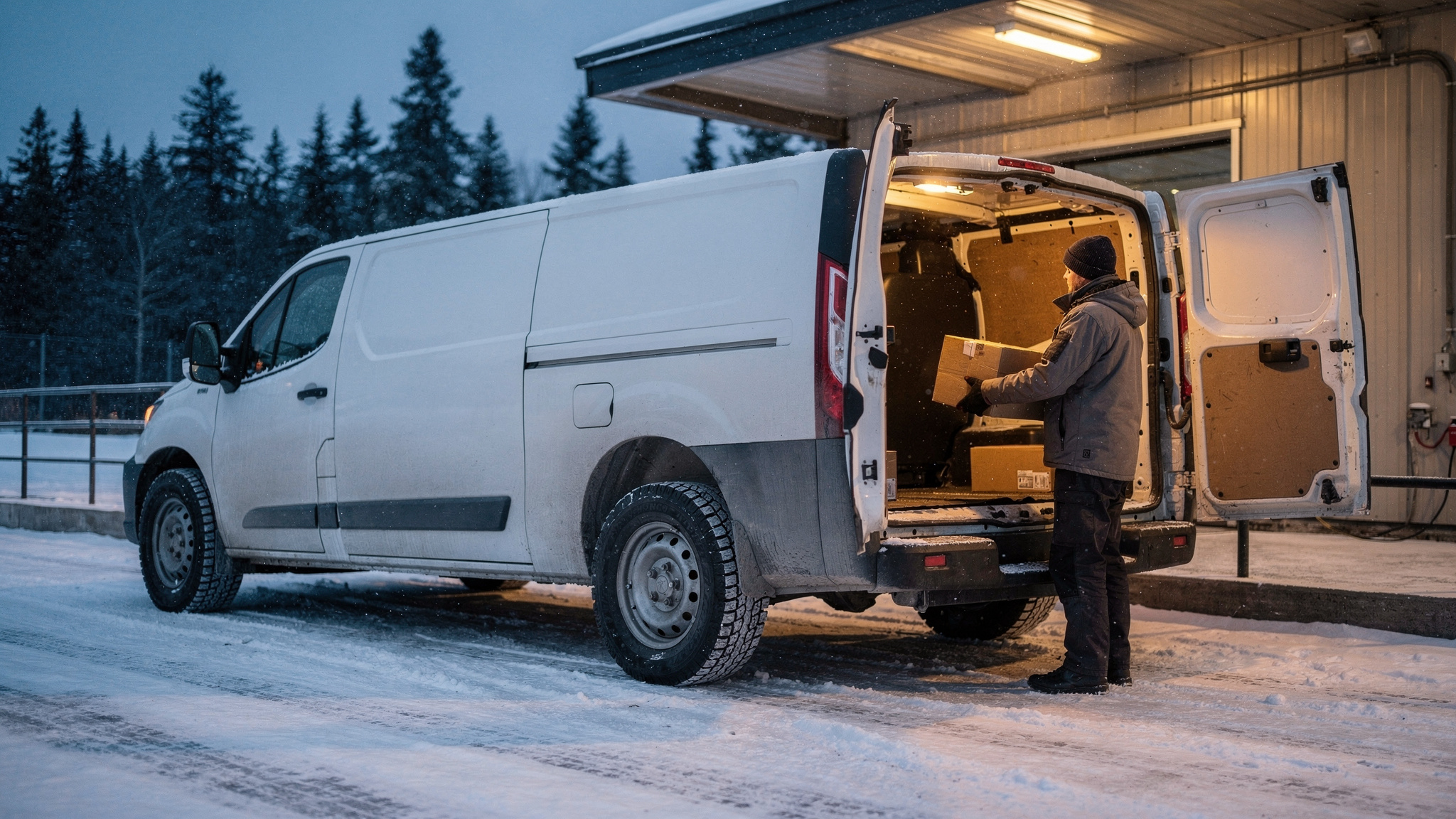 A driver in a winter jacket and toque loads a cardboard box into a white delivery van at a snowy depot loading bay at dawn.