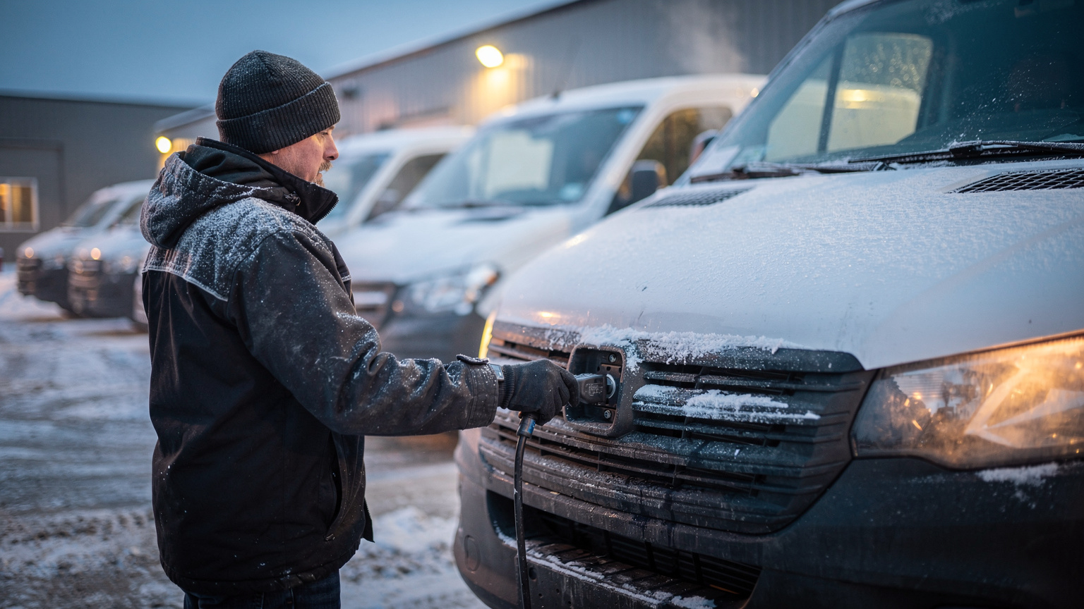A driver in a toque and winter jacket handles a power cord plugged into the front grille of a frosted white van, with more vans lined up behind.