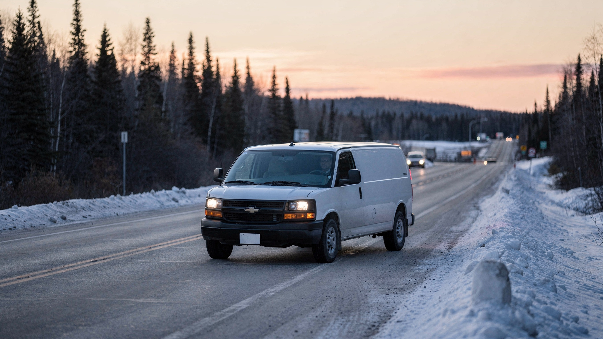 A white delivery van with headlights on drives along a snowy two-lane highway through dark spruce forest at dusk, snowbanks lining both shoulders.