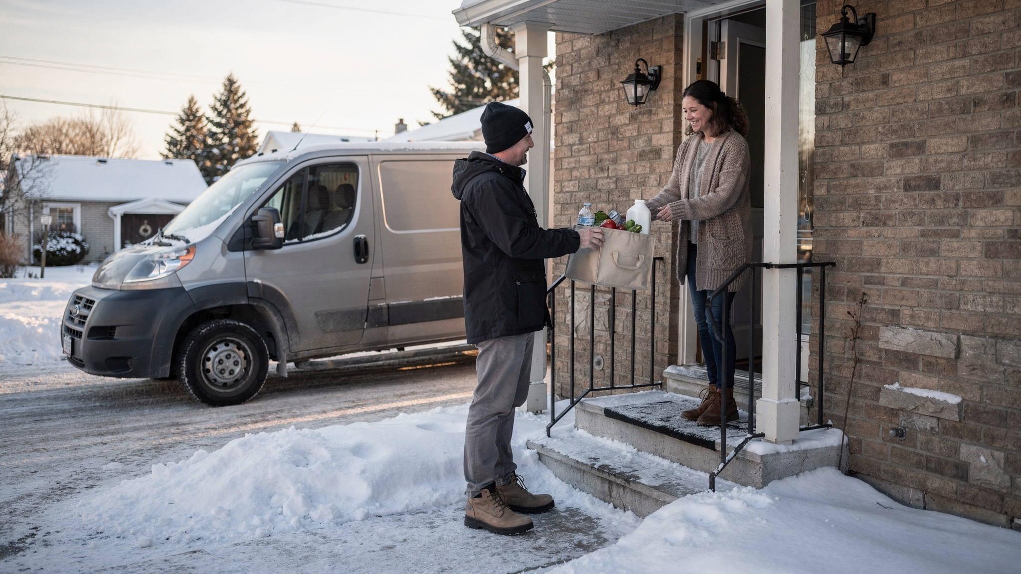 A delivery driver in a winter jacket hands a grocery bag to a smiling woman at the door of a snowy brick home, van parked behind.