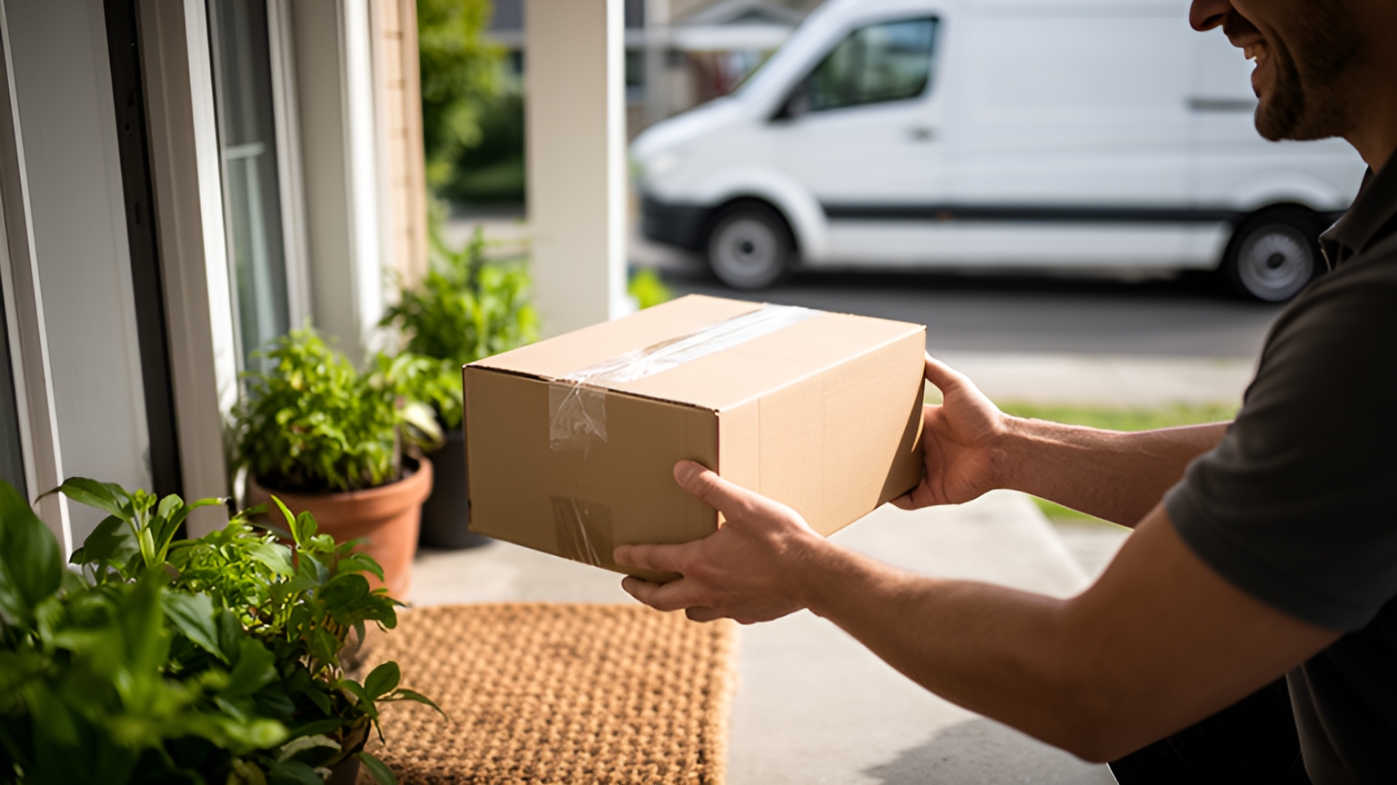 A smiling courier holds out a taped cardboard parcel at a front door, with potted plants beside the doormat and a white van parked behind.