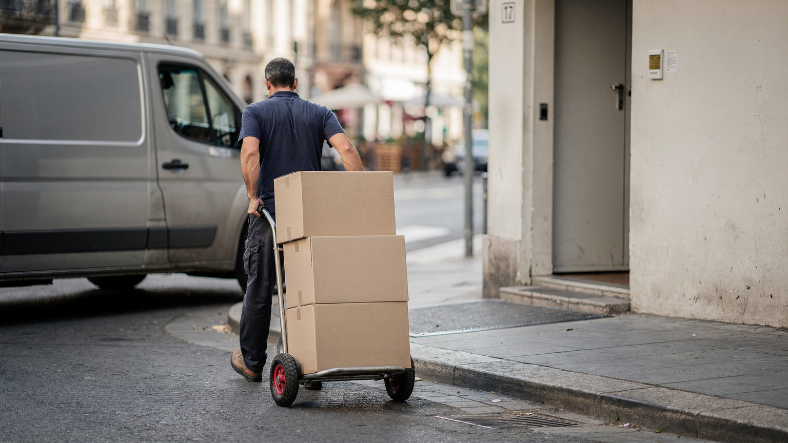 A delivery driver pushes a hand trolley stacked with cardboard boxes from a parked grey van towards a shop doorway on a city street.