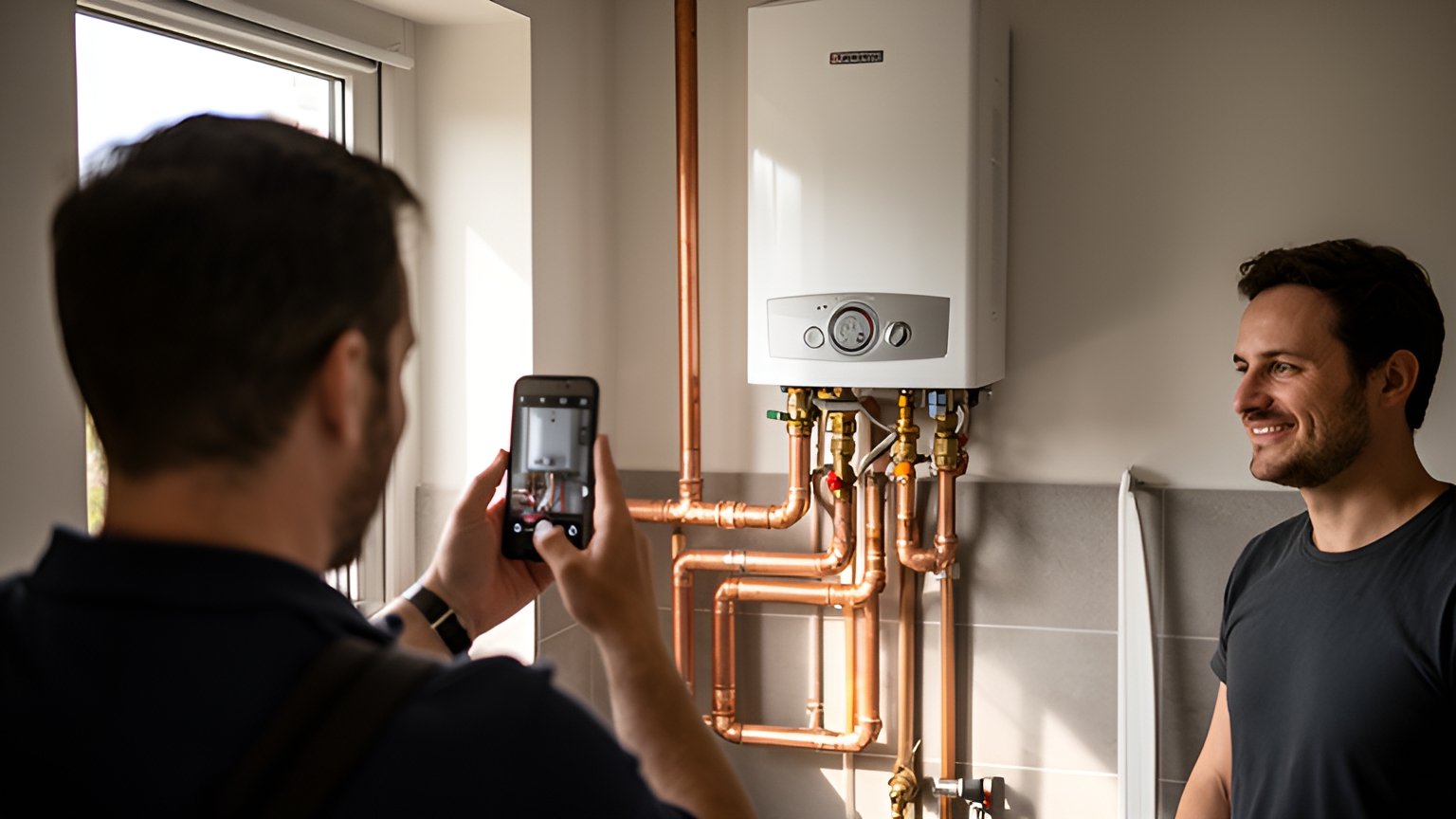A technician photographs a newly installed wall-mounted water heater with copper pipework on his phone while a smiling homeowner stands beside it.