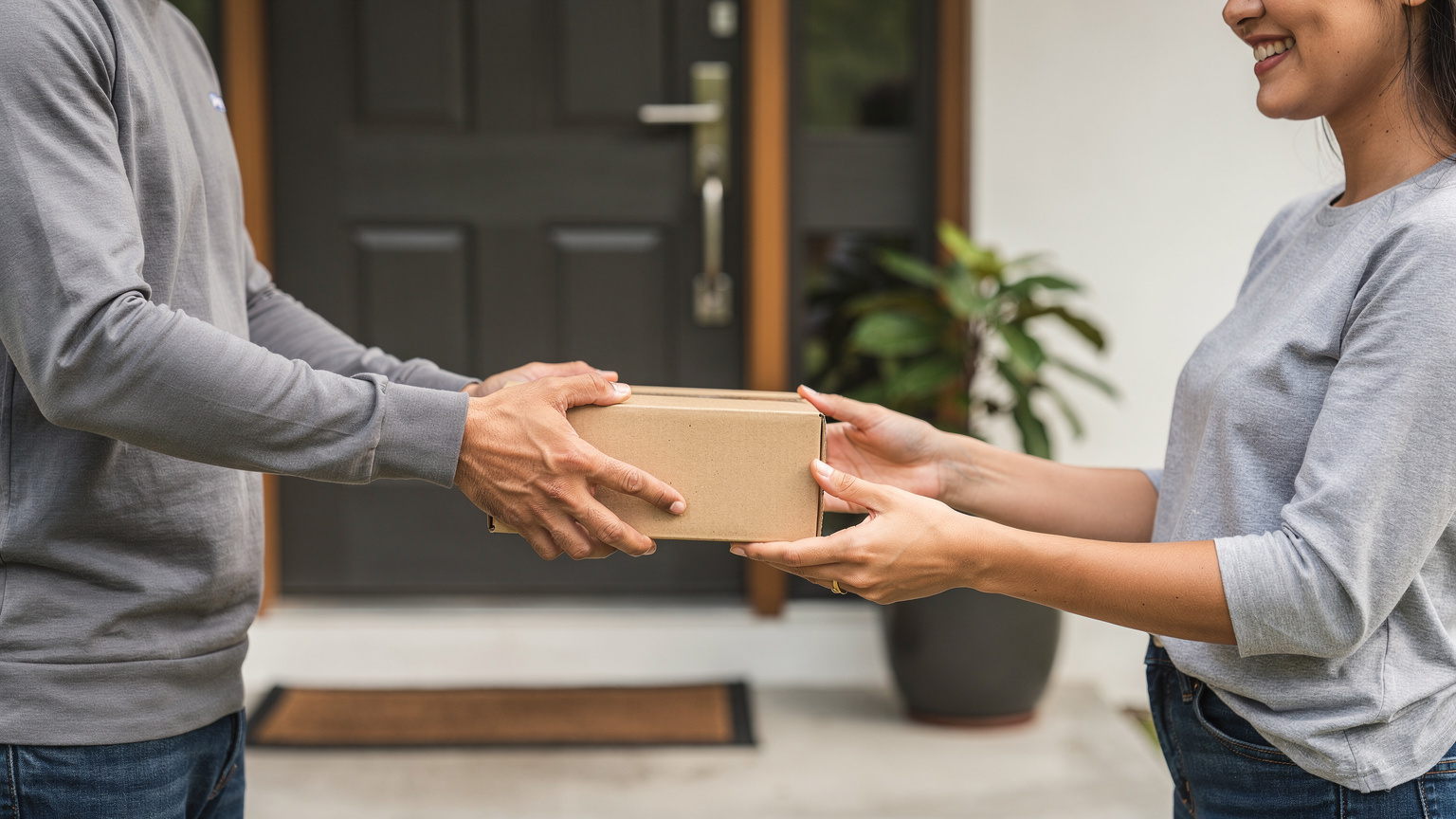 A courier's hands pass a plain cardboard parcel to a smiling woman in a grey top at a front door beside a potted plant.