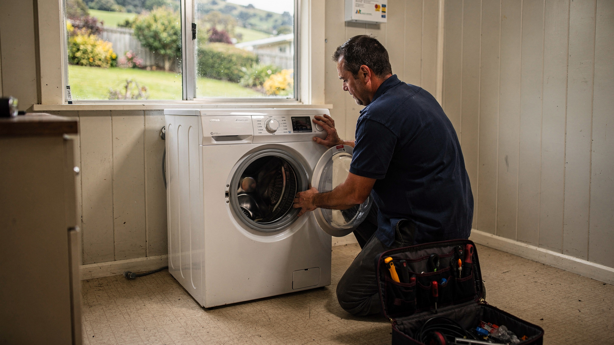 An appliance technician kneels at an open front-loading washing machine in a weatherboard laundry, a garden visible through the window and a toolbag on the lino.