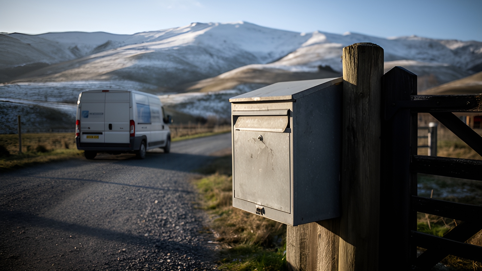 A metal parcel box mounted on a wooden post beside a farm gate on a gravel road, with a white van and snow-dusted hills beyond.