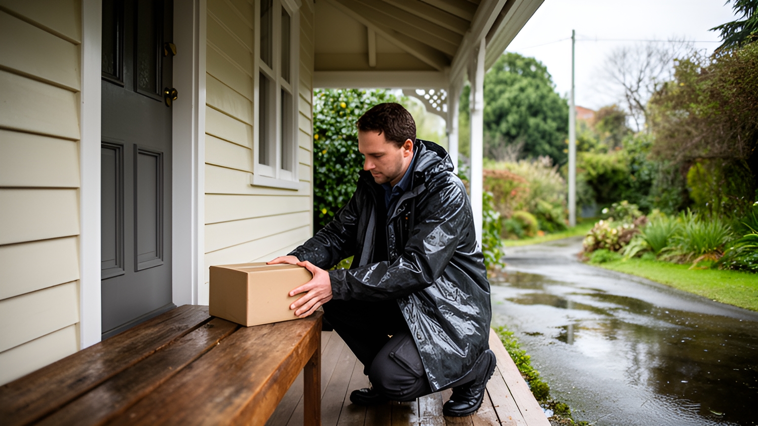 A delivery driver in a wet black rain jacket crouches on a villa verandah, placing a cardboard parcel on a wooden bench beside the front door.