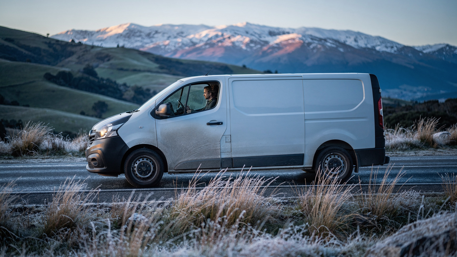 A white delivery van with headlights on drives a frosty rural highway at dawn, with tussock in the foreground and snow-capped mountains glowing behind.