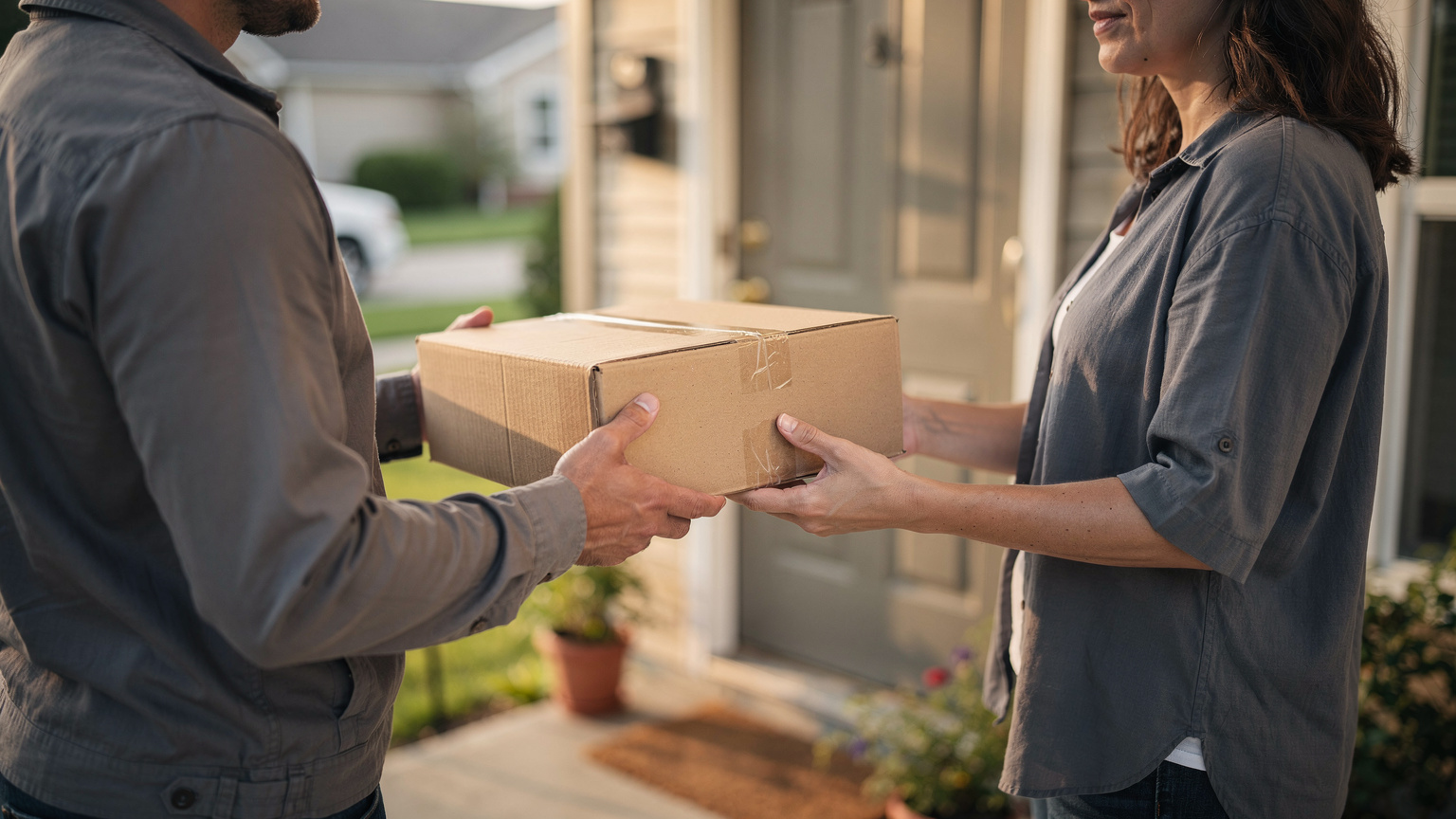 A delivery driver hands a small cardboard box to a woman at a suburban front door, with potted plants and a doormat on the porch.