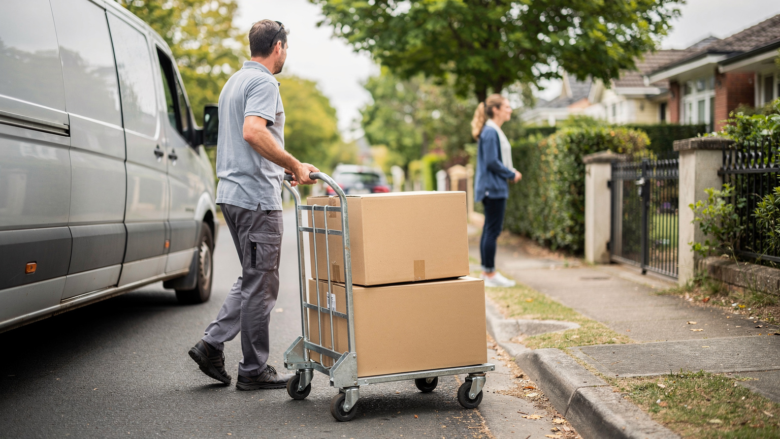 A delivery driver wheels a hand trolley with two large cardboard boxes past a parked van towards a woman waiting by a suburban front gate.