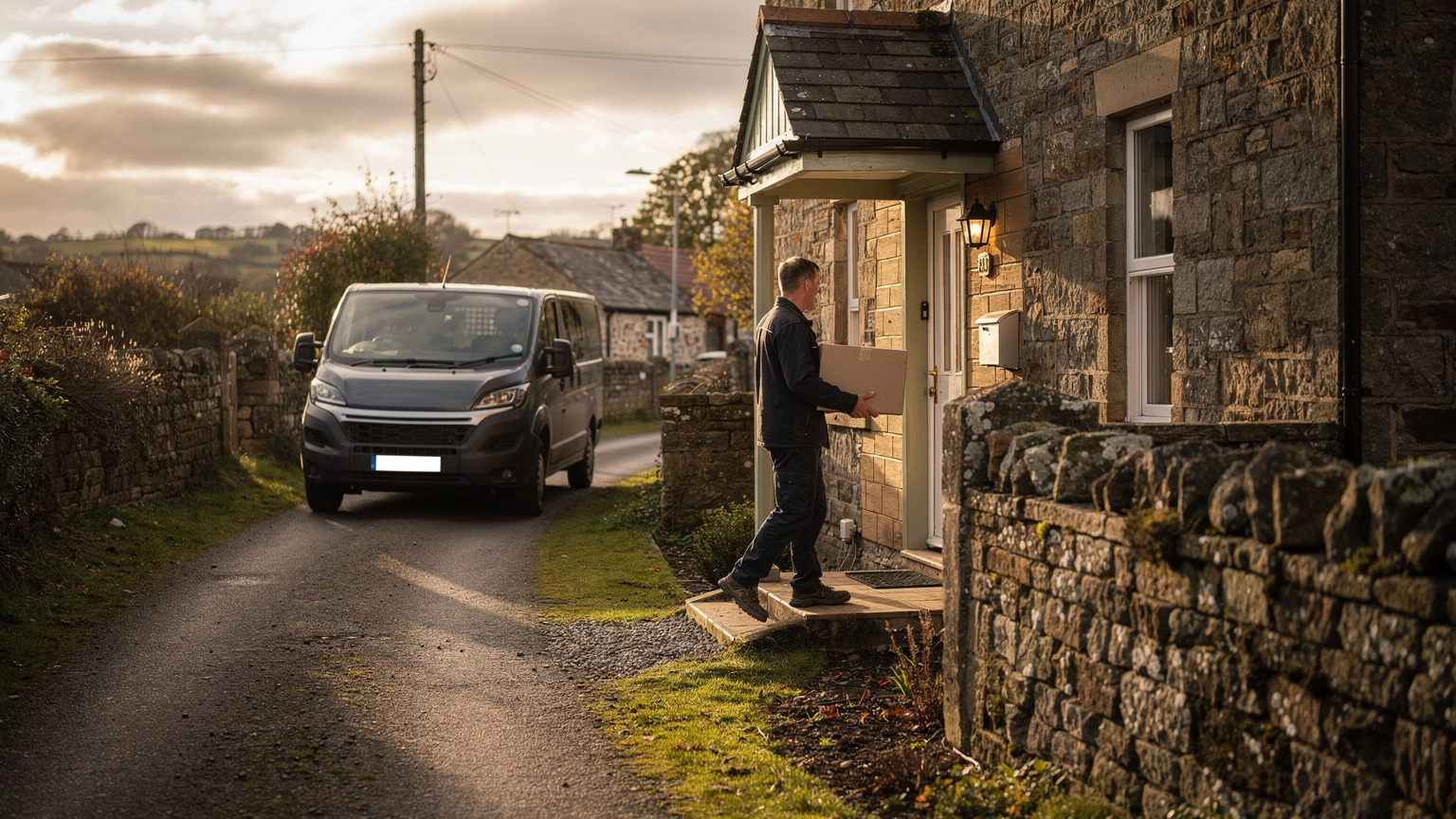 A courier carries a cardboard parcel up to a stone farmhouse porch while a grey delivery van waits on a narrow lane between drystone walls.