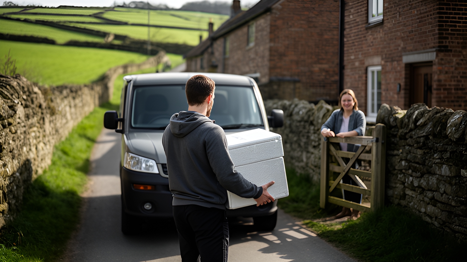 A delivery driver carries an insulated box along a stone-walled country lane towards a cottage gate where a customer waits beside a parked van.