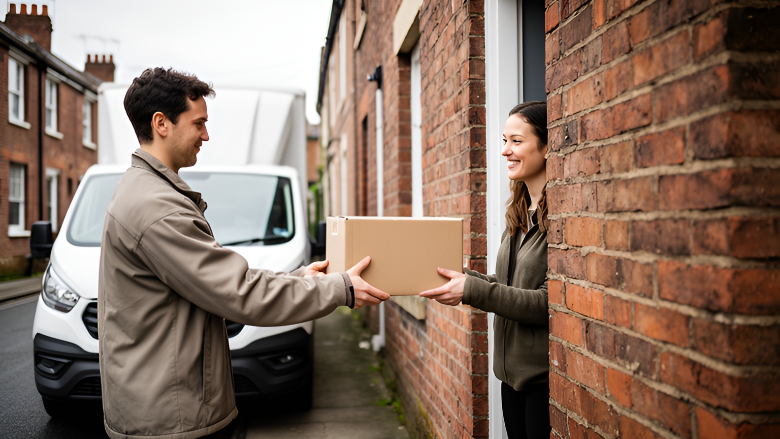 A delivery driver in a beige jacket hands a cardboard parcel to a smiling woman at the doorway of a red-brick terraced house, a white van parked behind.