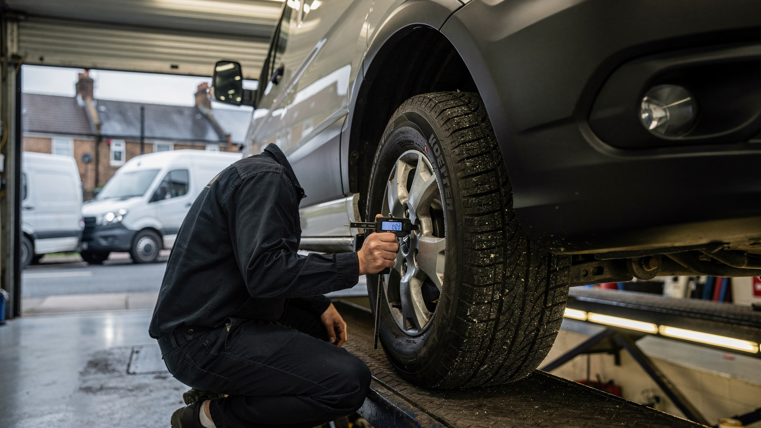A technician in dark overalls kneels beside a raised van in a workshop, checking a front tyre with a gauge while white vans wait outside.