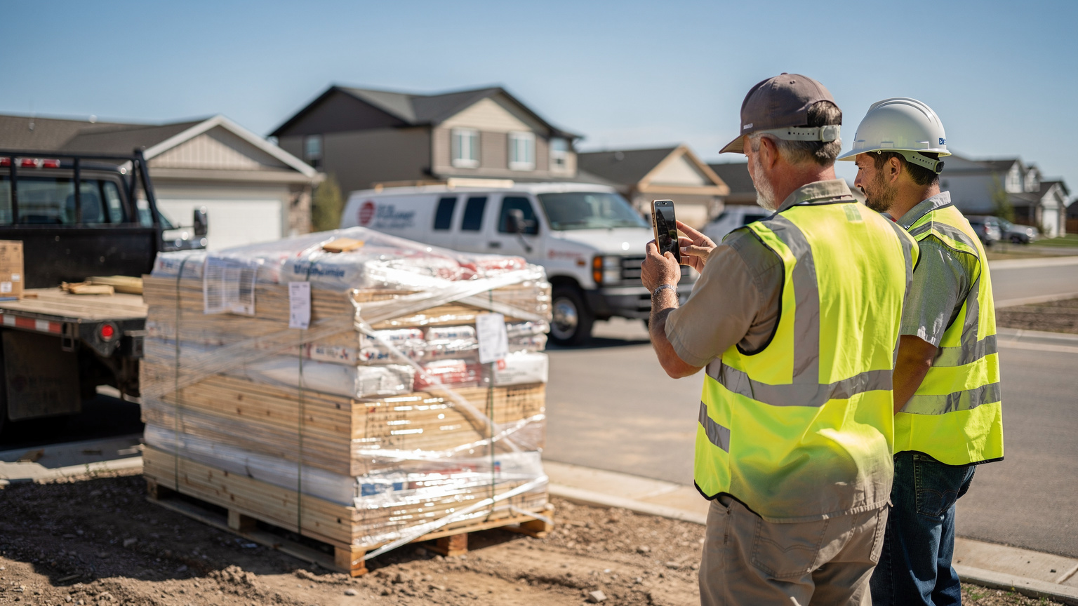 A driver photographs a shrink-wrapped pallet of building materials with his phone beside a construction worker in a sunny new subdivision, a flatbed truck parked nearby.