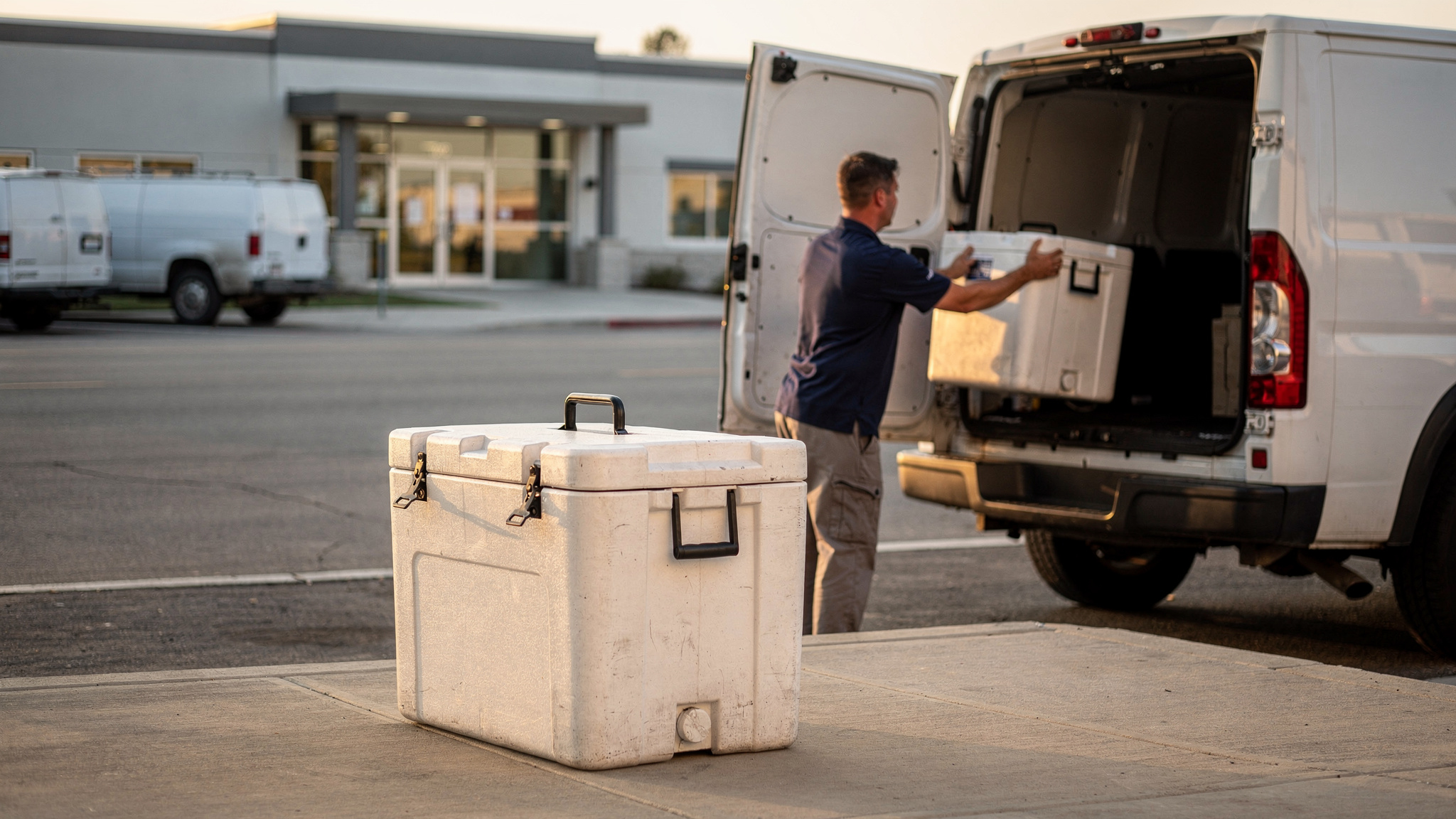 A courier in a navy polo loads an insulated cooler into a white van's cargo area, with another cooler resting on the pavement nearby.