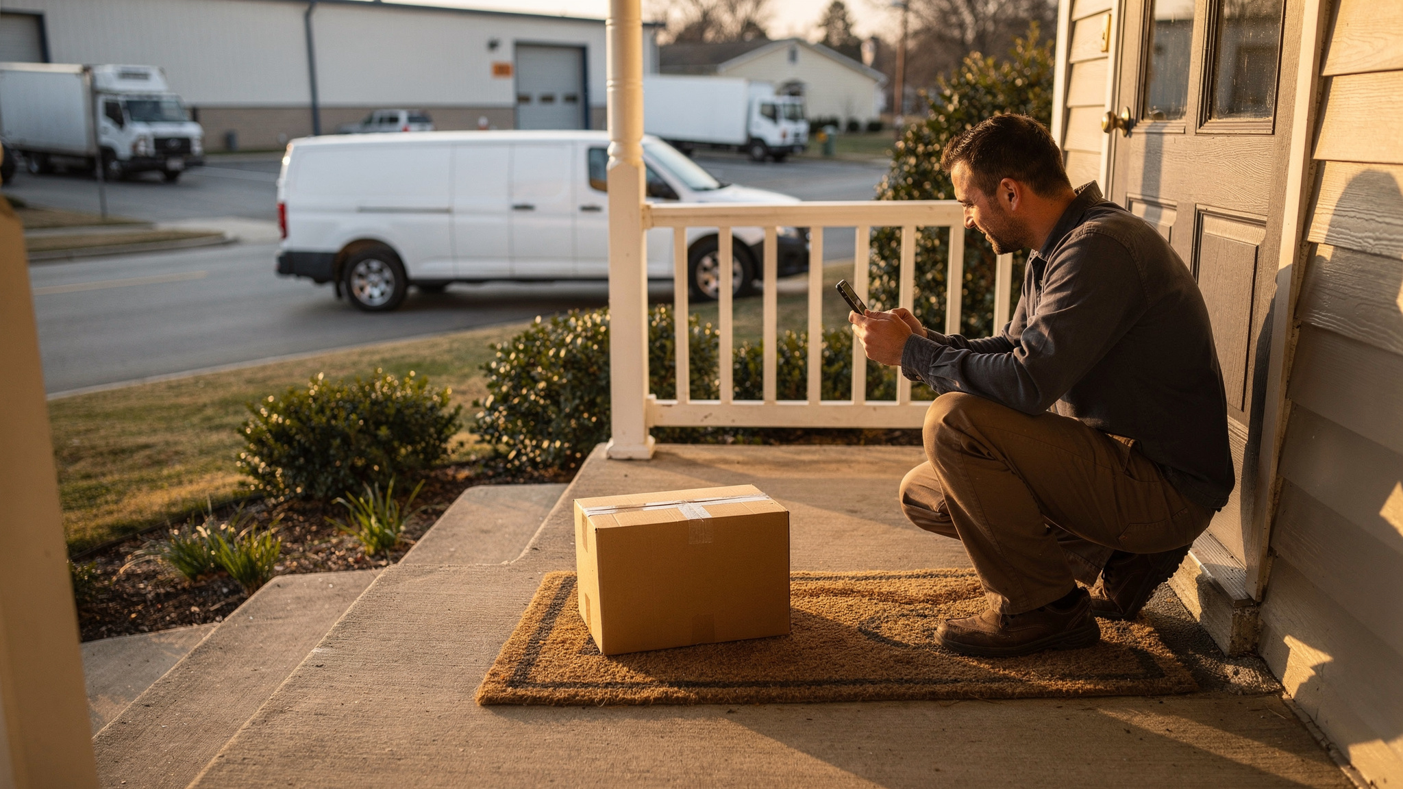 A delivery driver crouches on a suburban porch photographing a cardboard parcel on the doormat, with a white van parked on the street behind.