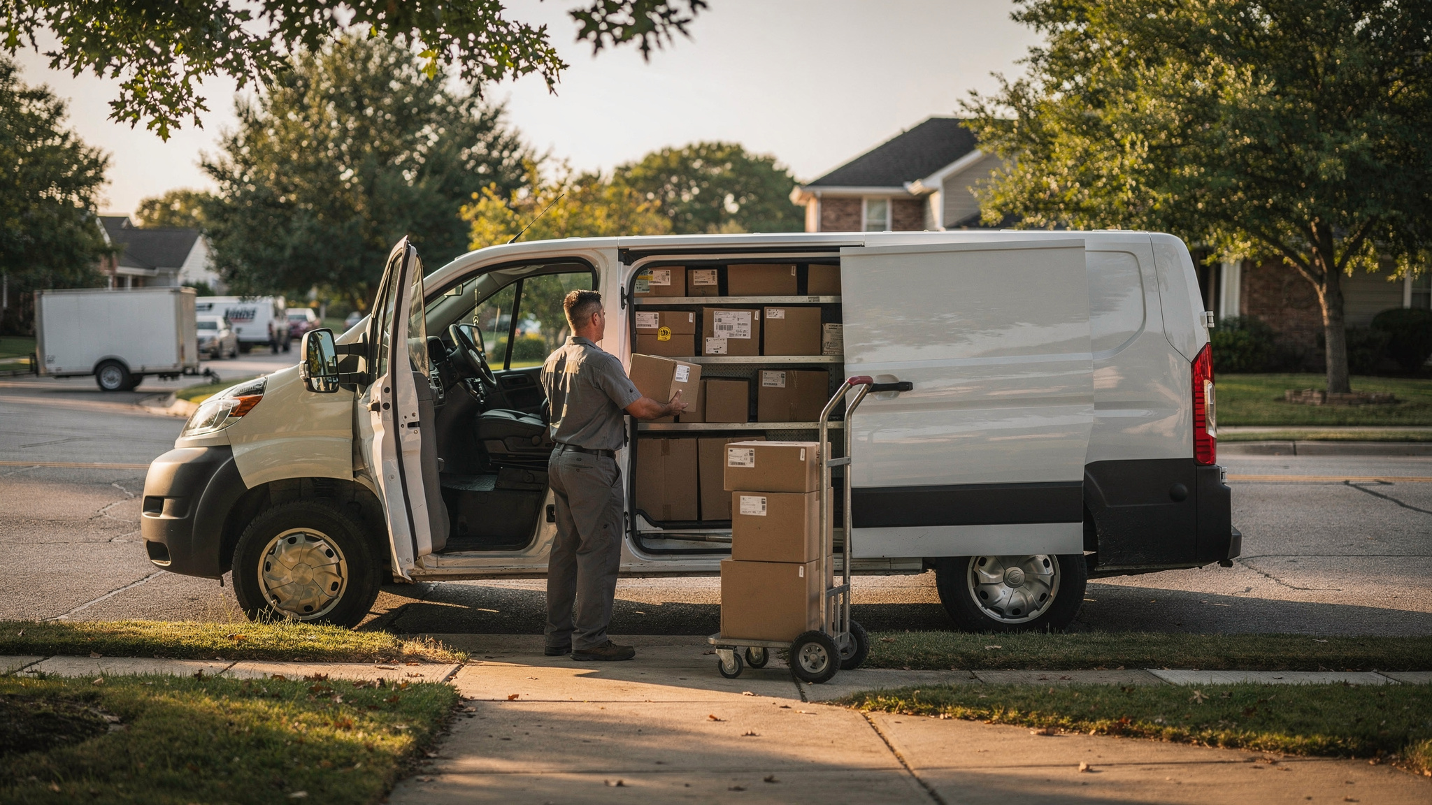 A delivery driver in a gray uniform lifts a parcel from shelves inside a white van parked at a tree-lined suburban curb.